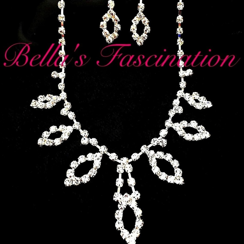 Rhinestone Jewelry Set Silver Necklace Earrings